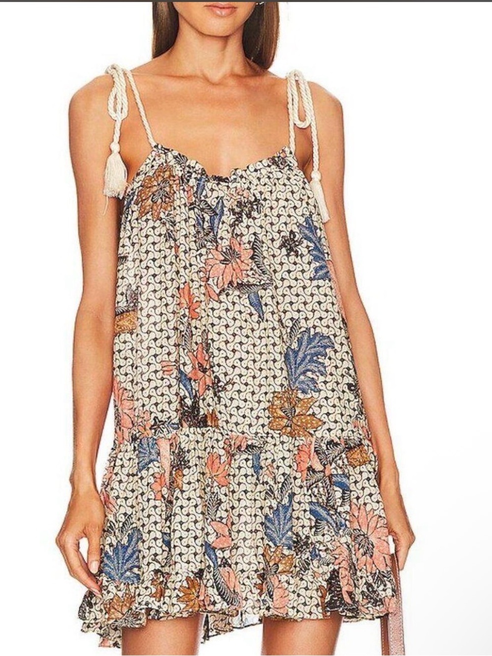 Ulla Johnson Cream Floral Tie-Shoulder Swim Coverup with Coral & Blue Accents